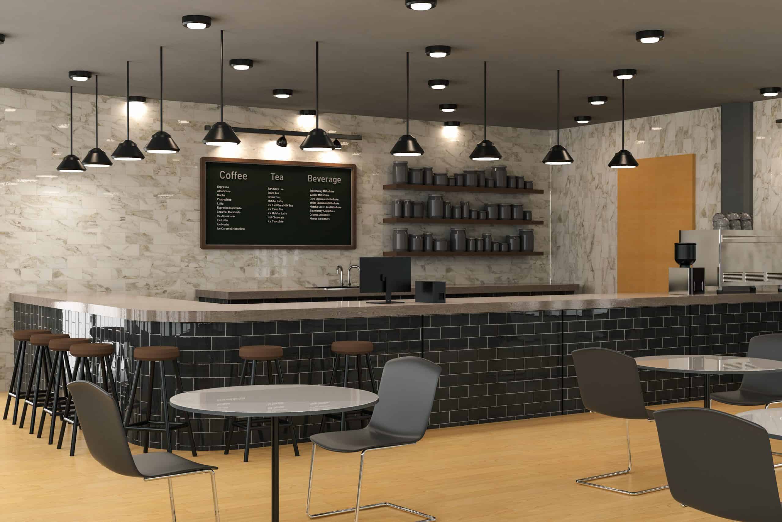 Modern cafe interior with a counter bar representing hospitality business operations